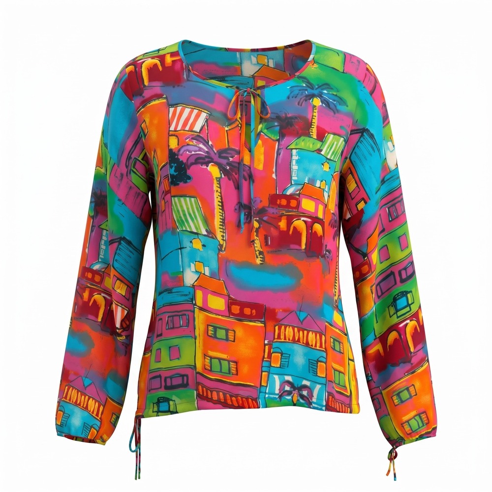 Chico's Tunic Top Womens 1 S 100% Silk Scenic Village Watercolor Art to Wear